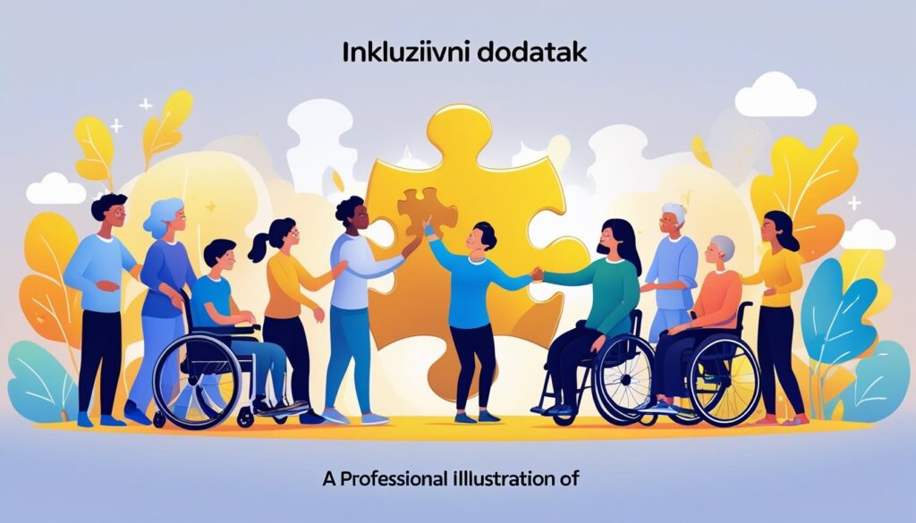 Grupa raznolikih ljudi, uključujući osobe s invaliditetom, okupljena oko velikog slagalica koja simbolizira inkluziju i podršku.
