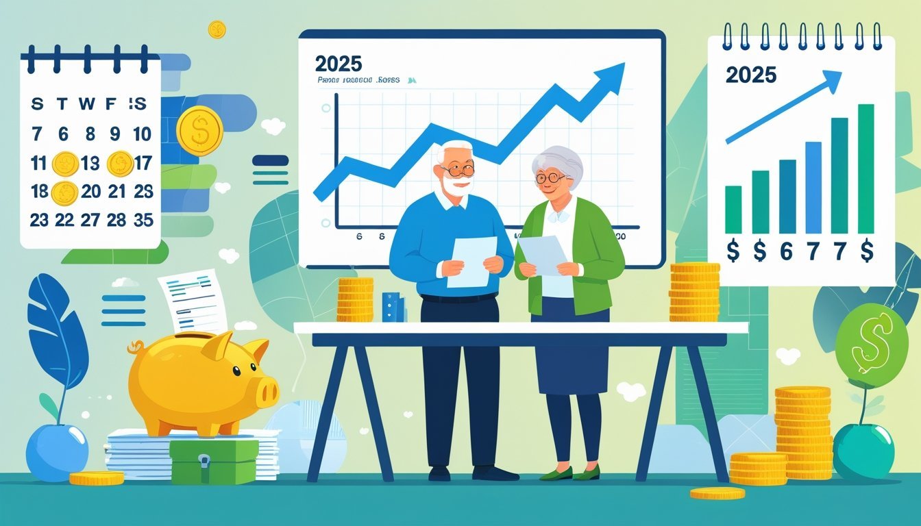 Stariji par sjedi za stolom i pregledava financijske dokumente uz grafove i kalendar koji označava godinu 2025.