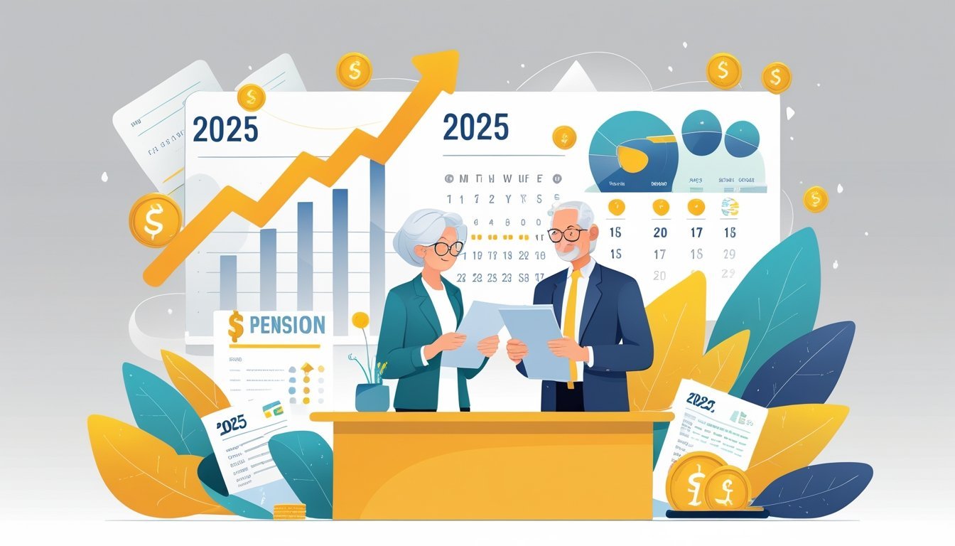 Stariji par pregledava financijske dokumente u uredu s grafikonima i kalendarom koji simboliziraju usklađivanje mirovina za 2025. godinu.