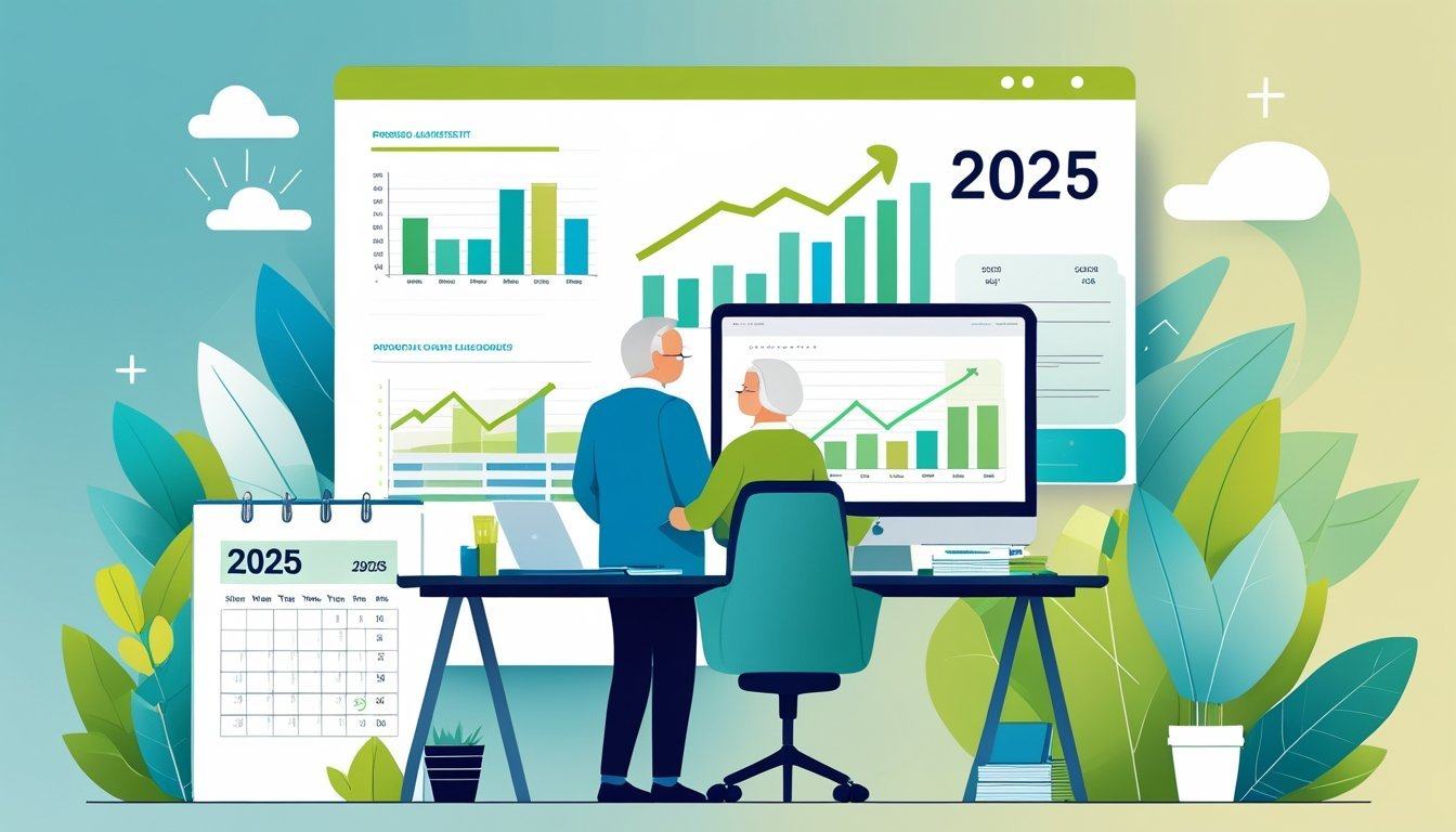 Stariji par pregledava financijske dokumente uz stol s računalom i grafikonima koji pokazuju rast, s kalendarom na kojem je godina 2025.