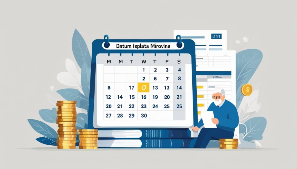 Kalendar s označenim datumom isplate mirovine, uz novac i stariju osobu koja pregledava financijske dokumente.