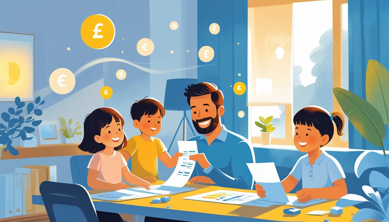 Sretna obitelj s djecom u udobnom domu, roditelj pregledava dokumente dok djeca igraju, simbolizirajući dodatnu potporu za obitelj.