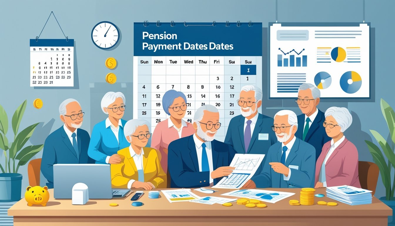 Grupa starijih ljudi u uredu razgovara s financijskim savjetnikom o rasporedu isplate mirovina uz kalendar i dokumente na stolu.