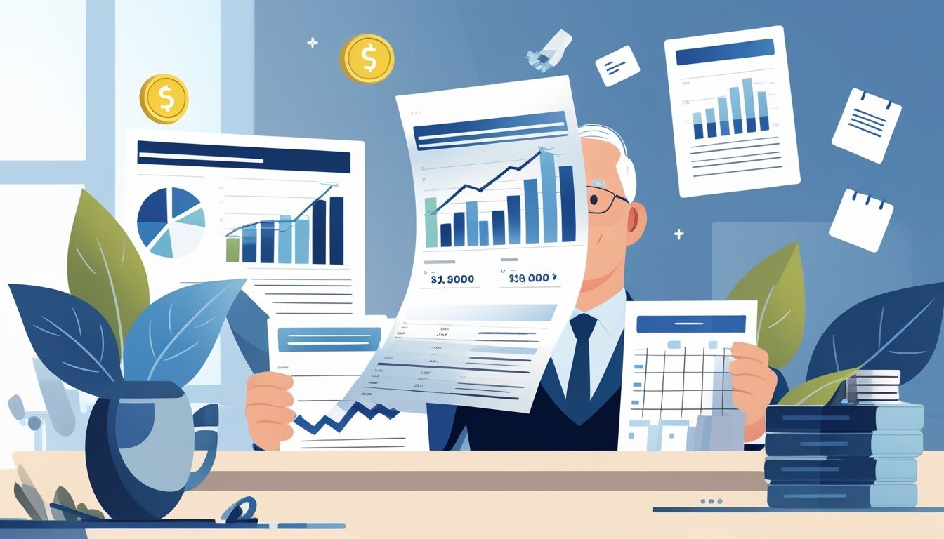 Osoba srednjih godina pregledava financijske dokumente na stolu u modernom uredu s ikonama novca, kalendara i pravnih dokumenata u pozadini.