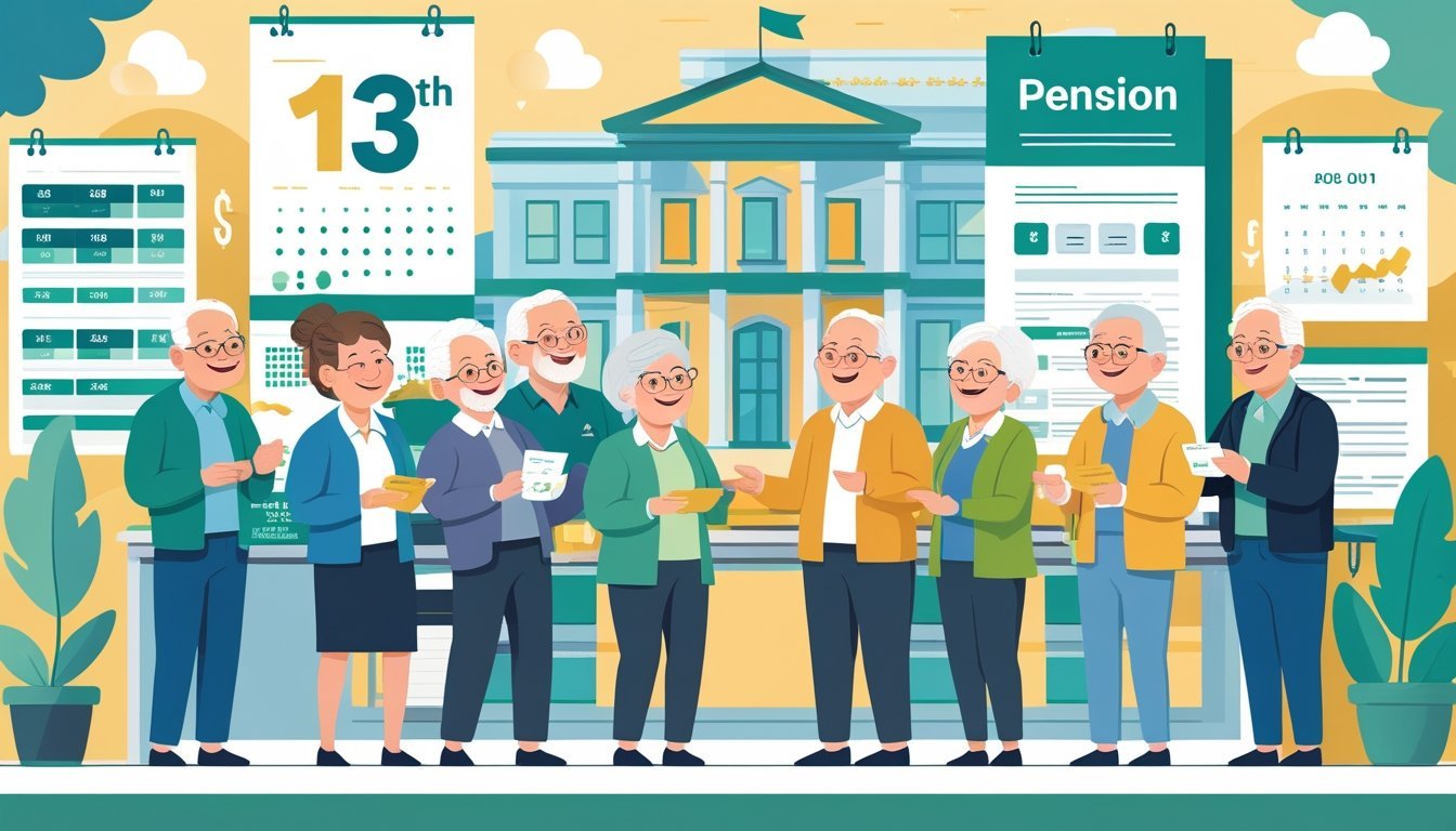 Grupa starijih osoba u uredu prima i raspravlja o mirovinskim isplatama uz prikaz kalendara i financijskih dokumenata.
