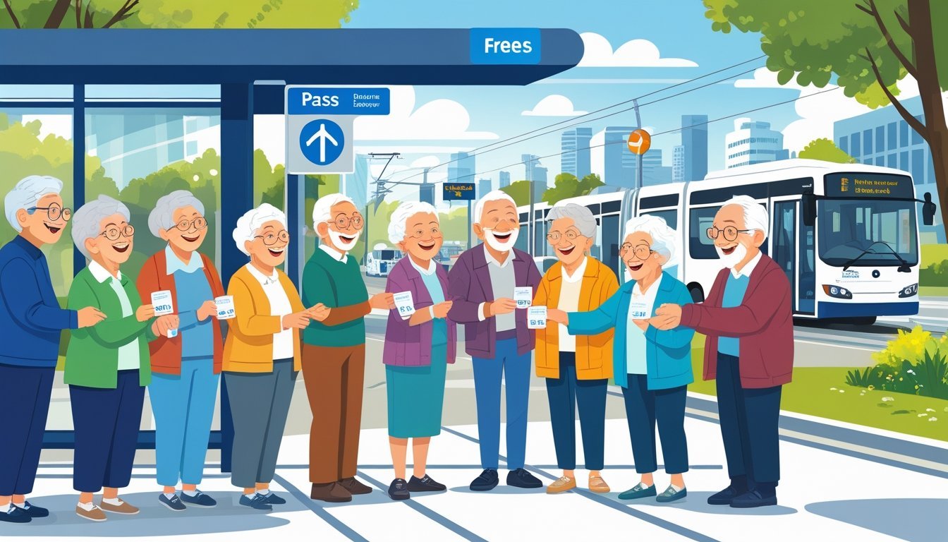 Skupina starijih ljudi na autobusnoj stanici prima besplatne prijevozne karte od zaposlenika javnog prijevoza.