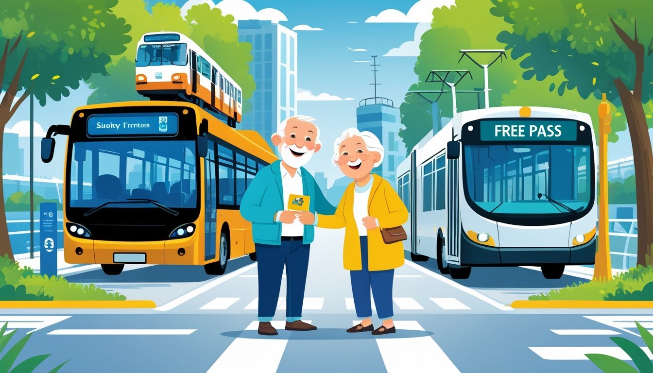 Stariji par stoji na stanici uz različite vrste prijevoza poput autobusa, tramvaja, podzemne željeznice i trajekta.