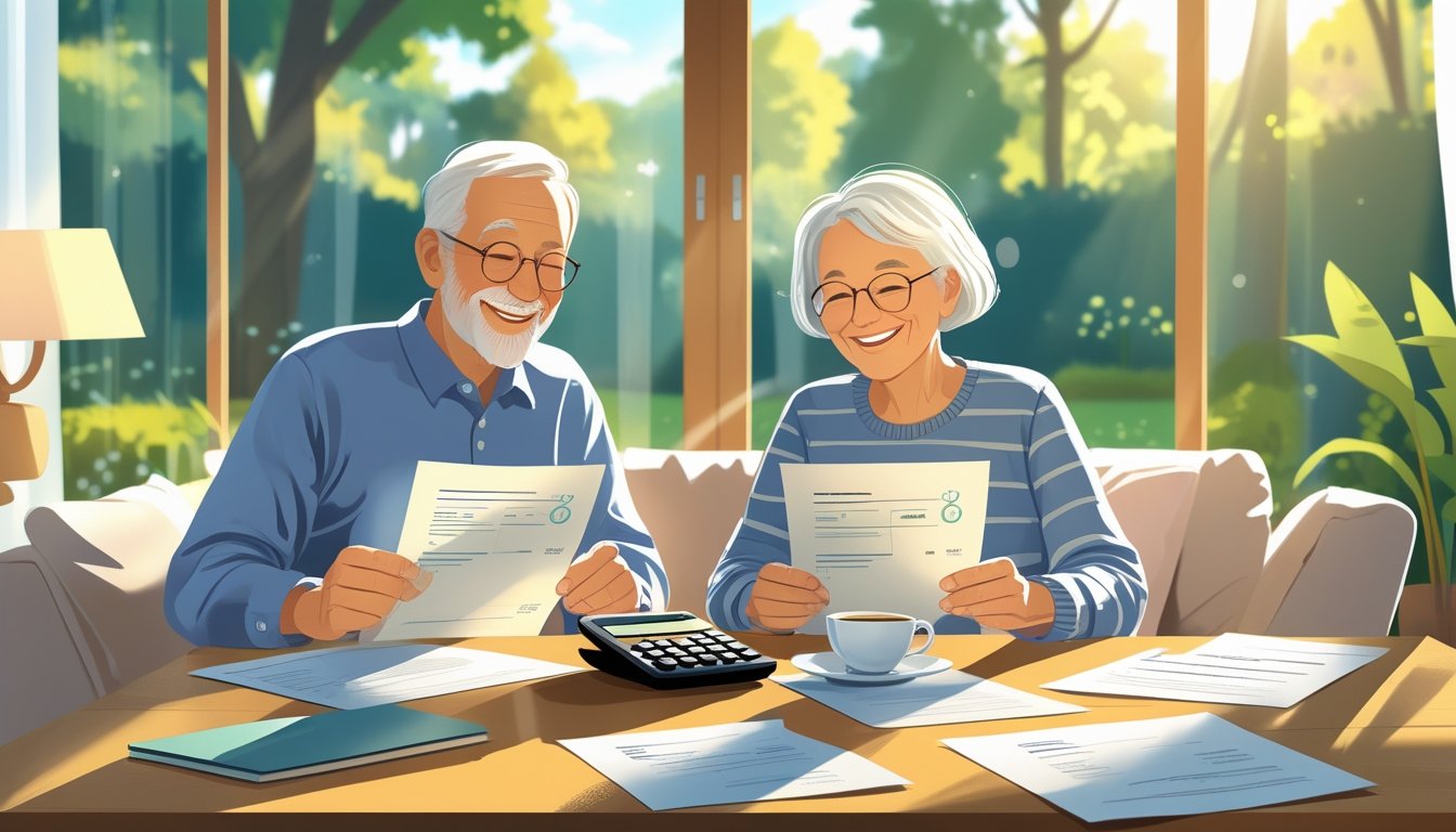 Stariji par sjedi za stolom u dnevnoj sobi i pregledava financijske dokumente, okružen svijetlim i ugodnim prostorom s pogledom na vrt.