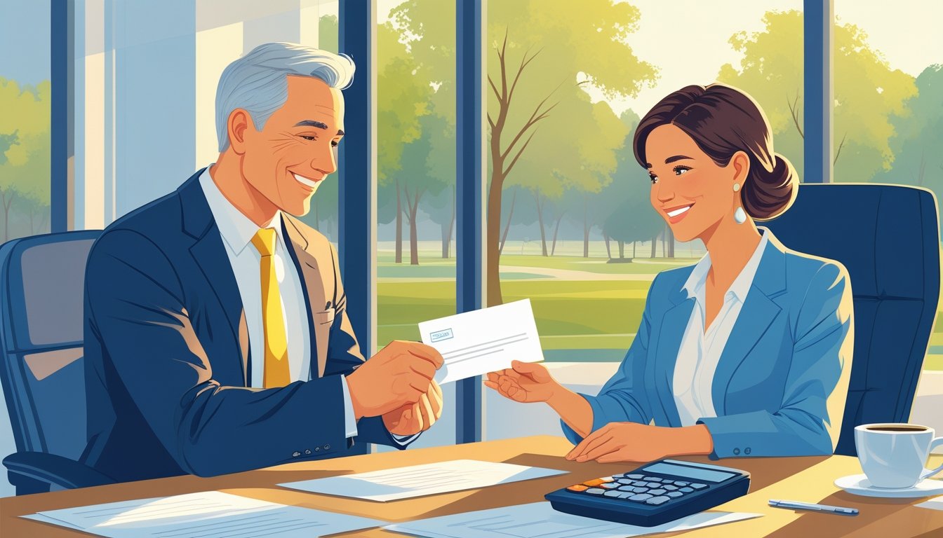 Dvoje zrelih ljudi sjedi za uredskim stolom dok muškarac predaje ženi omotnicu, simbolizirajući otpremninu za mirovinu.