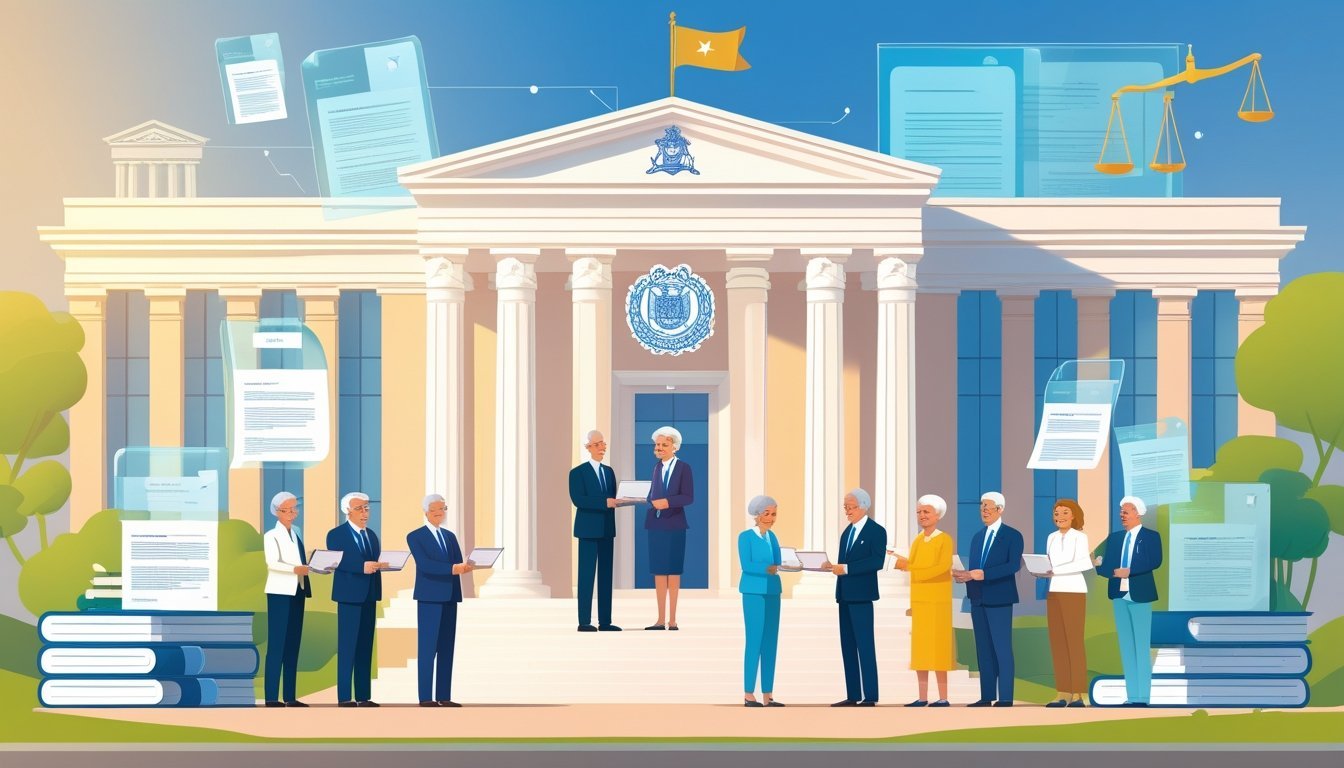 Grupa starijih ljudi prima podršku od službenika ispred vladine zgrade s pravnim simbolima u pozadini.