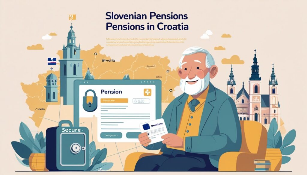 Starija osoba sjedi ugodno s dokumentom o mirovini, s prikazom karte Slovenije i Hrvatske u pozadini.