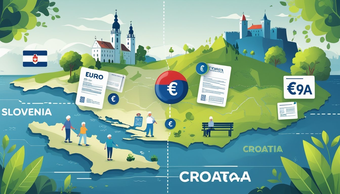 Ilustracija koja prikazuje kartu Slovenije i Hrvatske s simbolima mirovine i starijih osoba u svakodnevnim aktivnostima.
