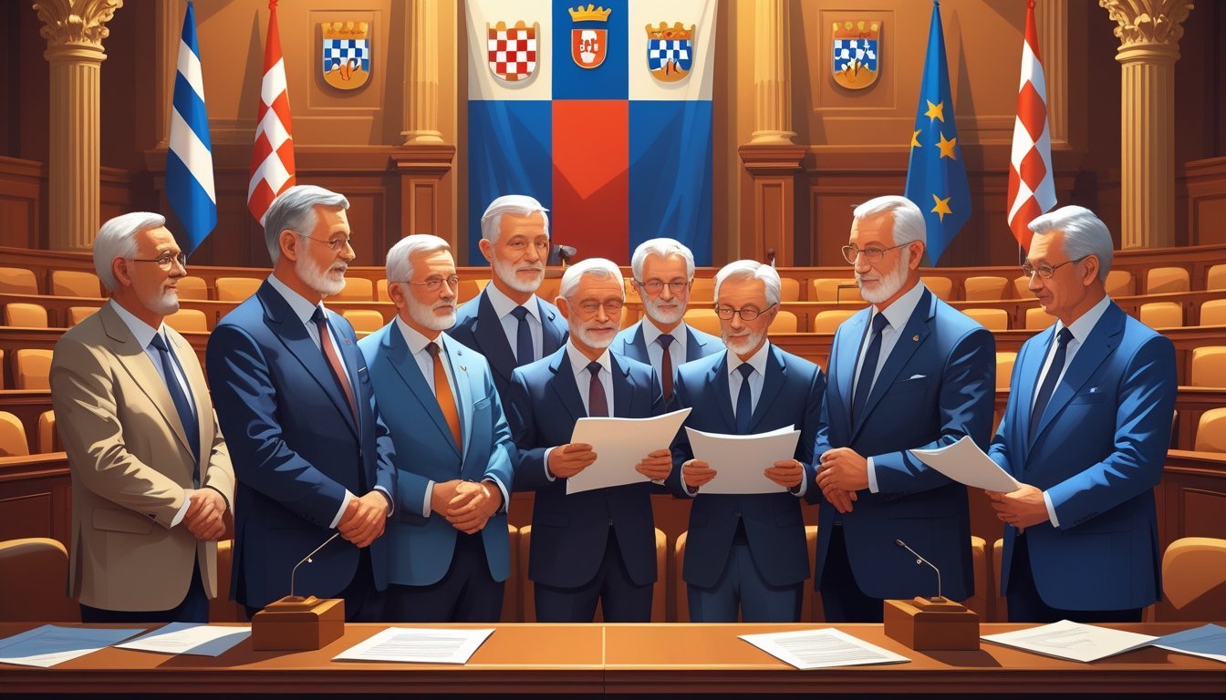 Grupa starijih hrvatskih saborskih zastupnika u službenoj dvorani raspravlja o pitanjima mirovina.