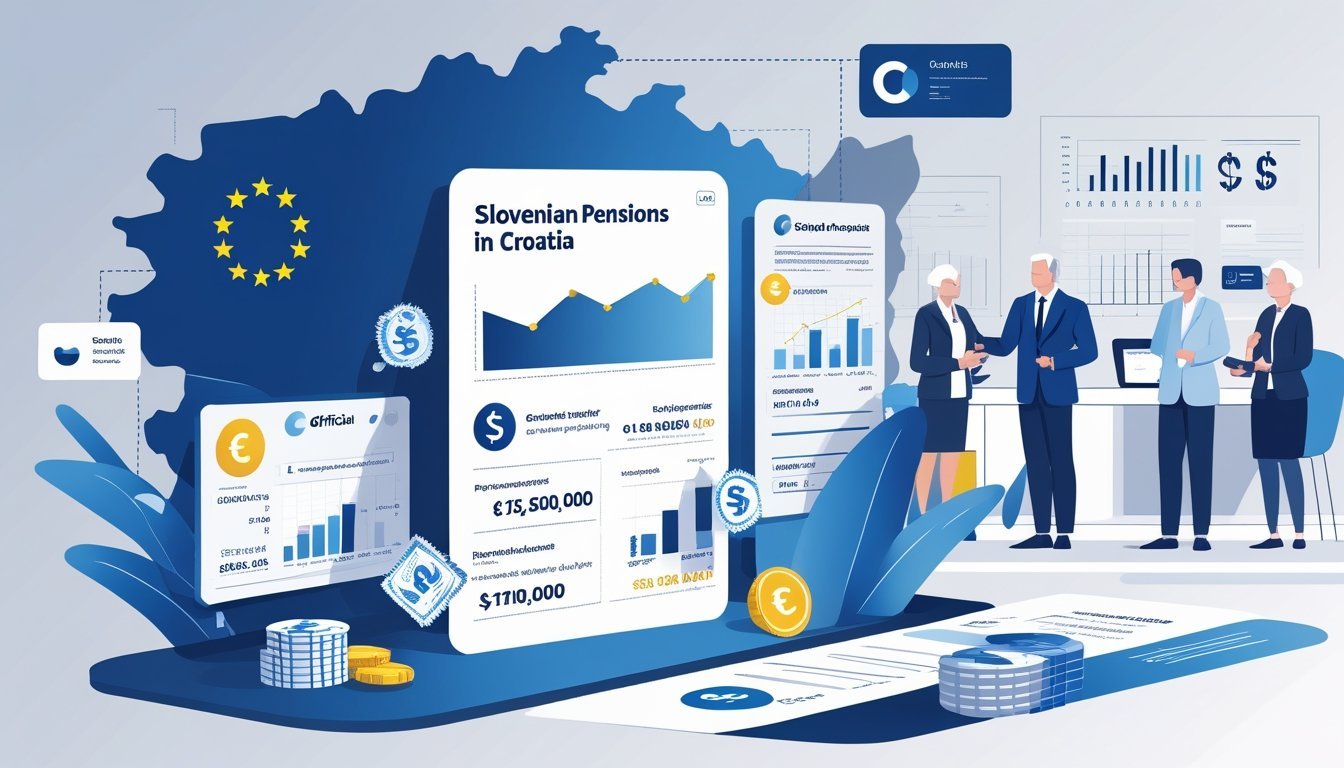 Ilustracija koja prikazuje financijske i porezne aspekte slovenske mirovine u Hrvatskoj, s kartom Slovenije i Hrvatske, dokumentima o mirovinama, financijskim grafikonima i simbolima novca.