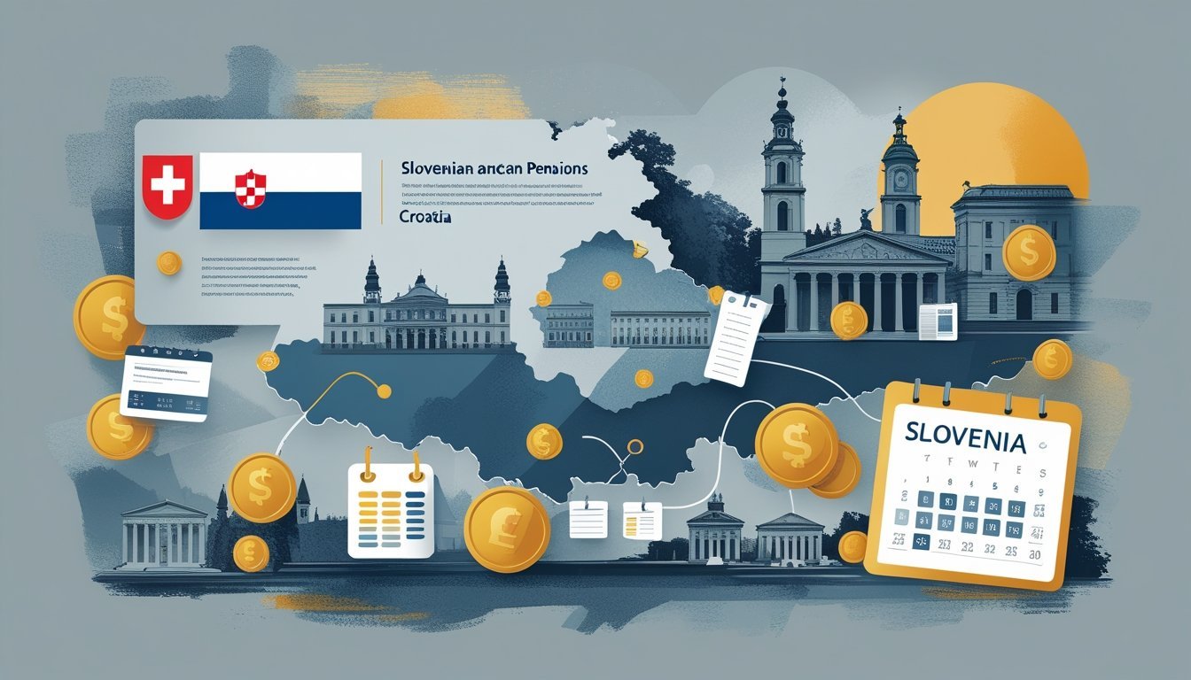 Ilustracija karte Slovenije i Hrvatske s ikonama koje predstavljaju mirovine, novac i dokumente, uz prikaze državnih zgrada i povijesnih spomenika.