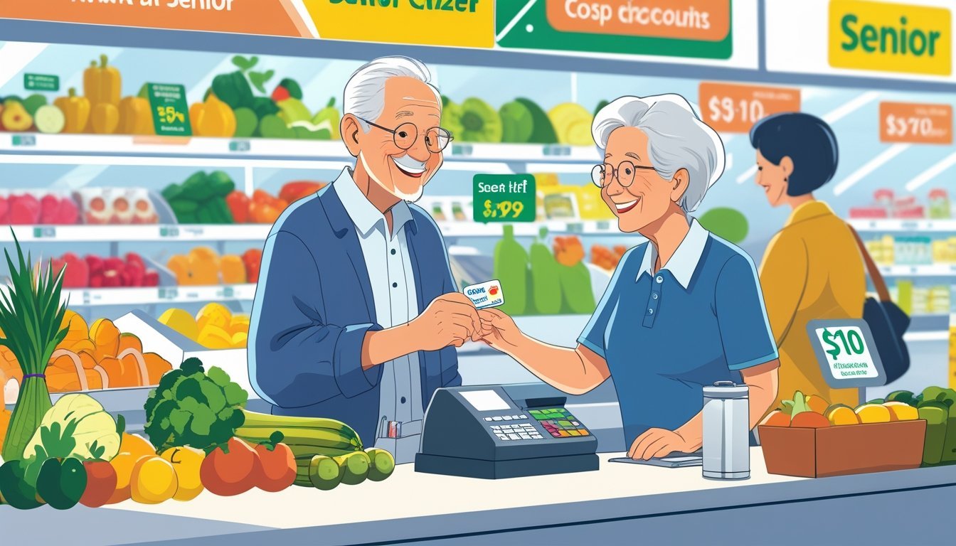 Stariji par kupuje u supermarketu dok muškarac pokazuje identifikacijsku iskaznicu blagajnici.