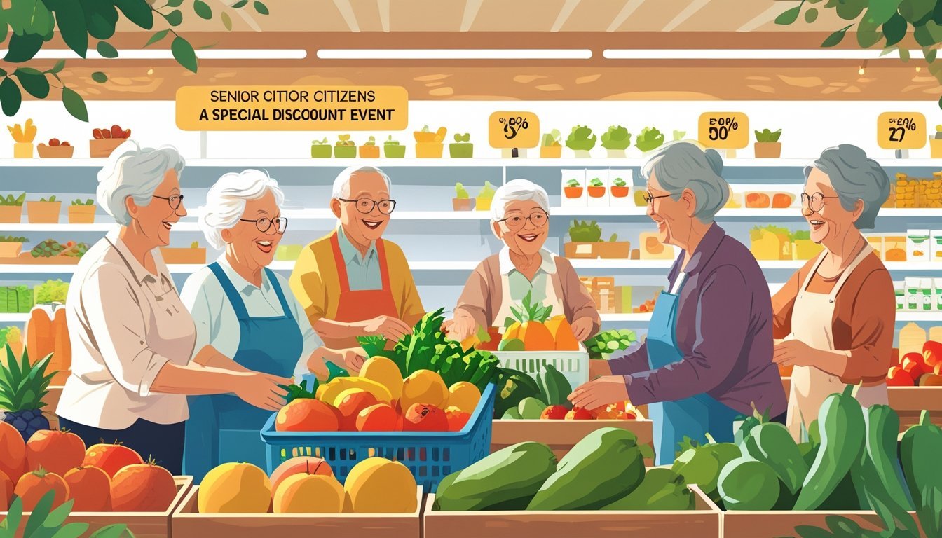 Stariji ljudi u supermarketu kupuju namirnice uz pomoć ljubaznih zaposlenika tijekom posebne akcije za umirovljenike.