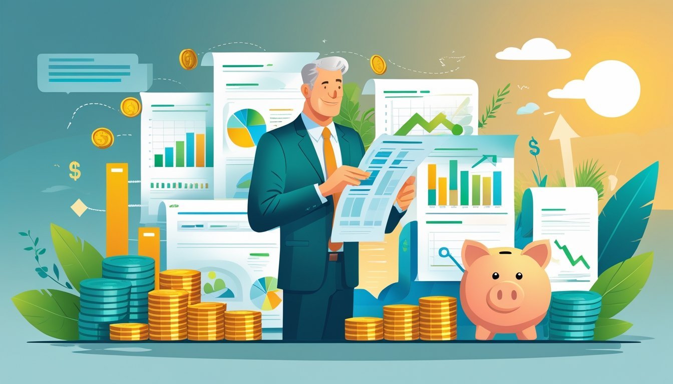 Osoba srednjih godina pregledava financijske dokumente s prikazom kovanica, grafikona i sigurnosne štednje u pozadini miran dom i zalazak sunca.
