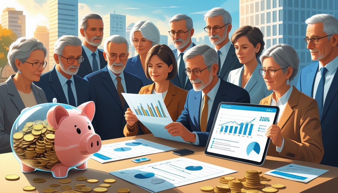 Grupa ljudi srednje i starije dobi promatra financijske dokumente i grafikone o mirovinskim fondovima, uz simbol štednje u obliku prozirne kasice-prasice, s gradskim krajolikom u pozadini.