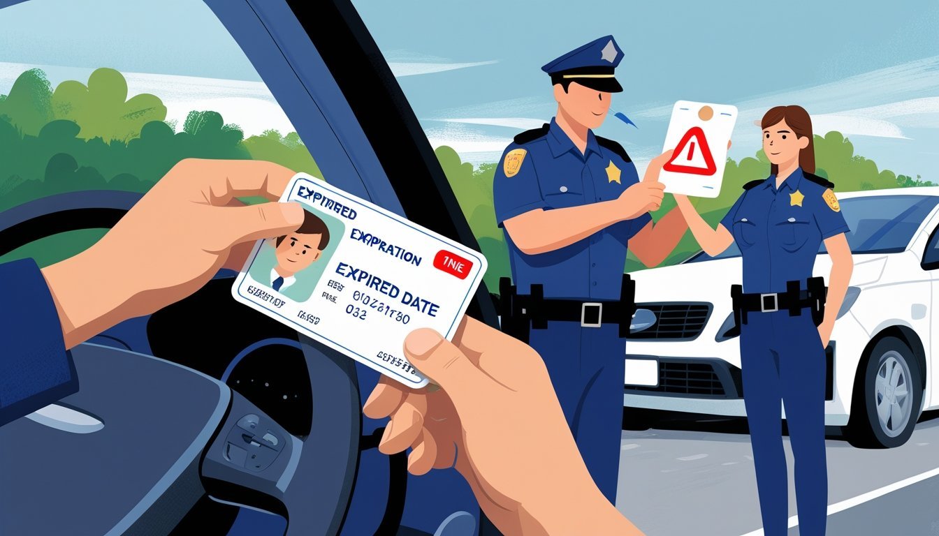 Ruka drži isteklu vozačku dozvolu dok policajac daje kaznu pored zaustavljenog automobila.