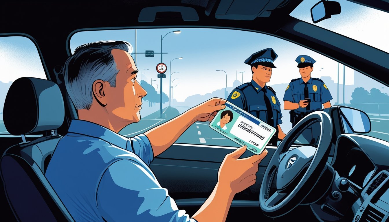 Vozač u automobilu drži isteklu vozačku dozvolu dok policajac prilazi s uređajem za provjeru.