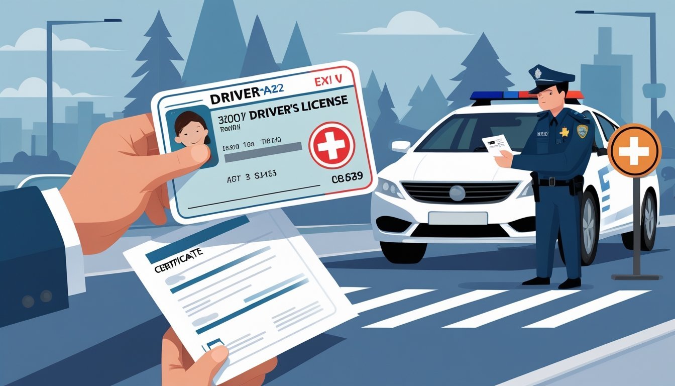 Ruka drži isteklu vozačku dozvolu i medicinski certifikat, dok policajac izdaje kaznu vozaču uz prometne znakove u pozadini.