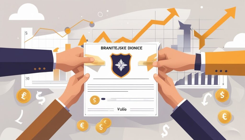 Dva para ruku razmjenjuju dokument s simbolima financija i štitom koji predstavlja branitelje.