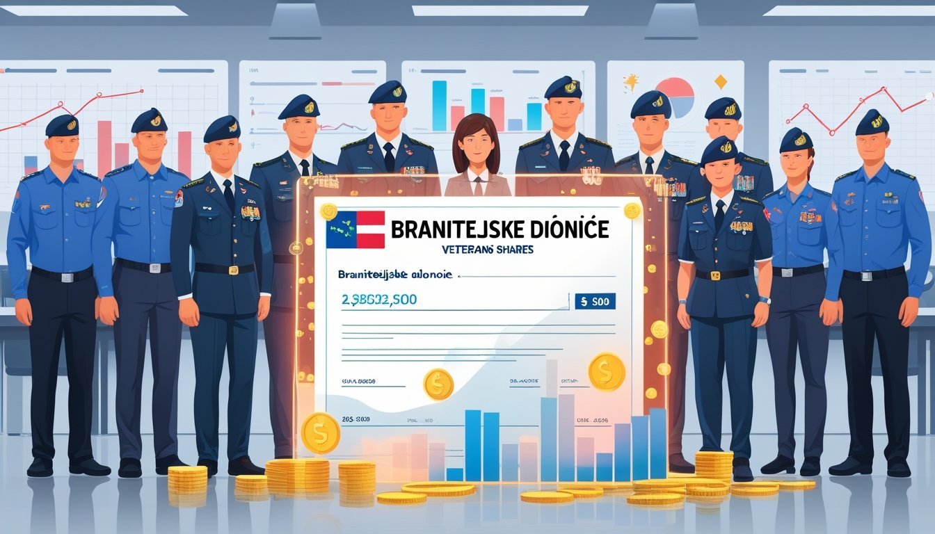 Skupina branitelja u uniformama stoji zajedno ispred transparentne dionice s financijskim simbolima u uredu.