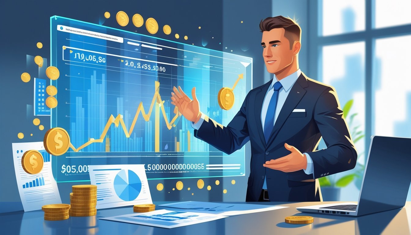 Financijski stručnjak objašnjava cijenu braniteljskih dionica uz grafikone i financijske simbole u uredskom okruženju.