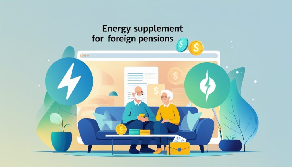 Stariji par sjedi u udobnoj dnevnoj sobi s globusom i putovnicom na stolu, okružen simbolima energije i financija.