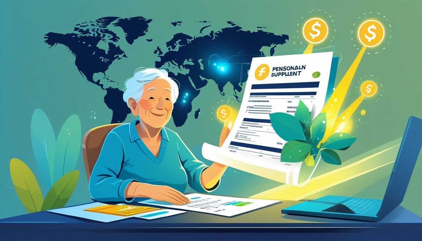 Starija osoba prima financijsku podršku povezanu s inozemnom mirovinom, uz prikaz simbola energije i svjetlosnih zraka u pozadini s elementima svijeta.