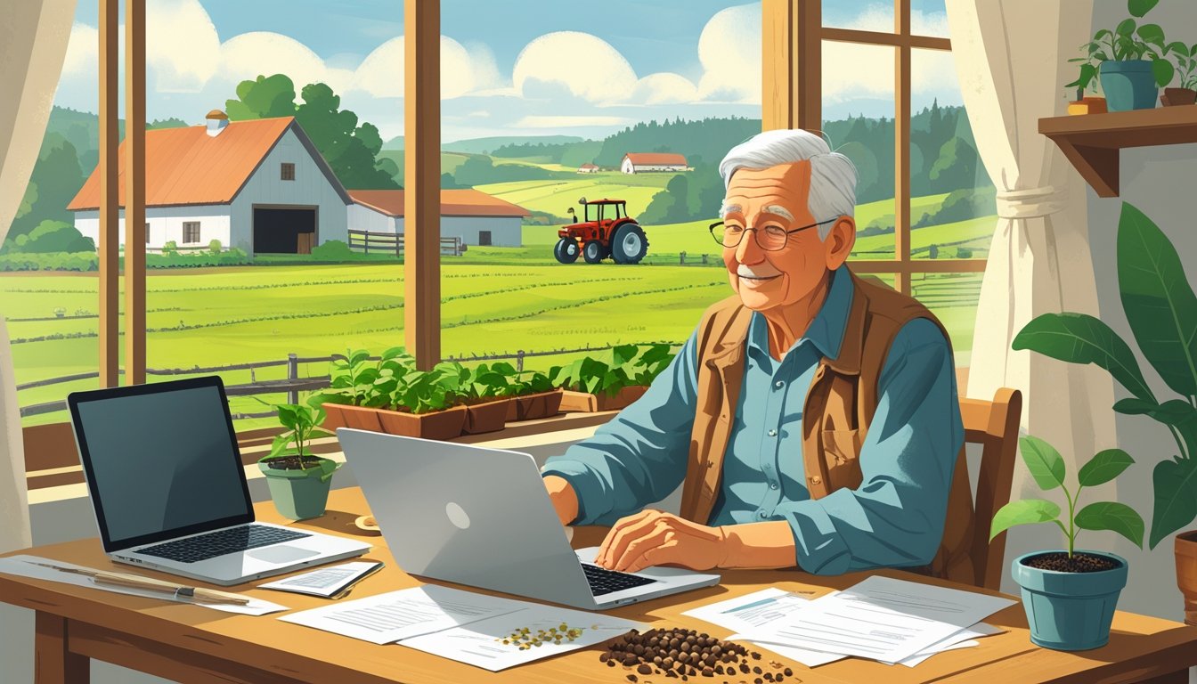 Starija osoba sjedi za stolom s dokumentima i laptopom, planirajući pokretanje obiteljskog poljoprivrednog gospodarstva uz pogled na selo i polja.
