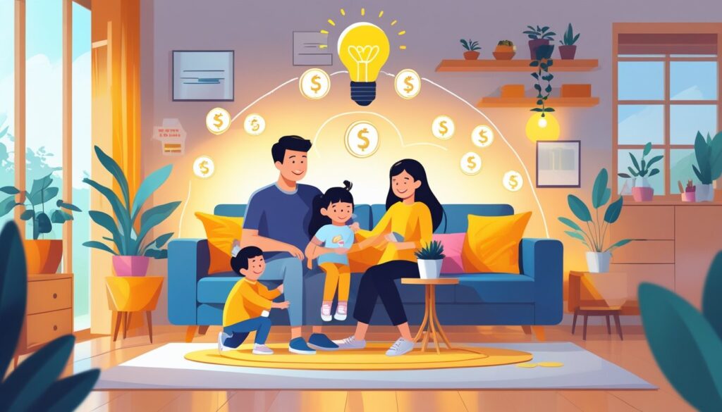 Sretna obitelj s djecom u udobnom domu, okružena simbolima financijske i energetske potpore.