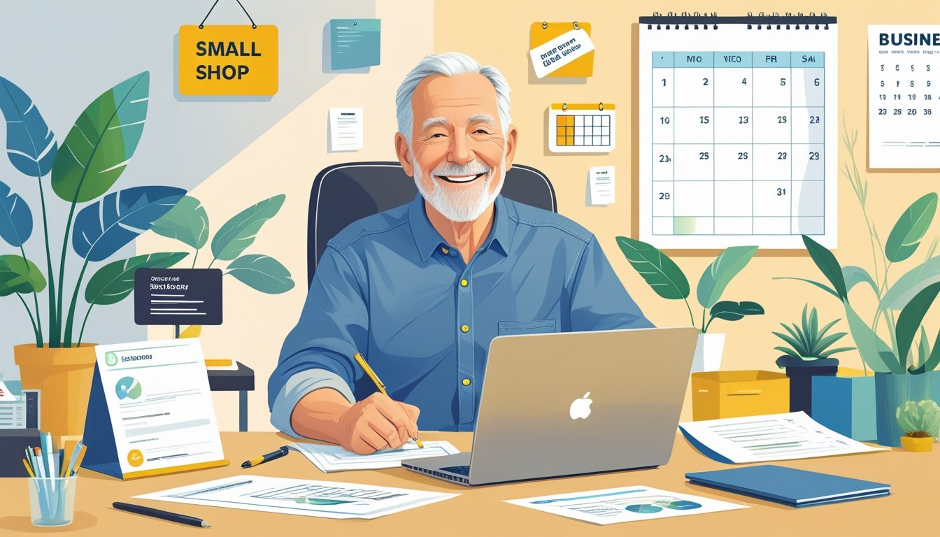 Stariji muškarac sjedi za stolom s dokumentima i laptopom u uredu, pripremajući se za otvaranje vlastitog obrta.