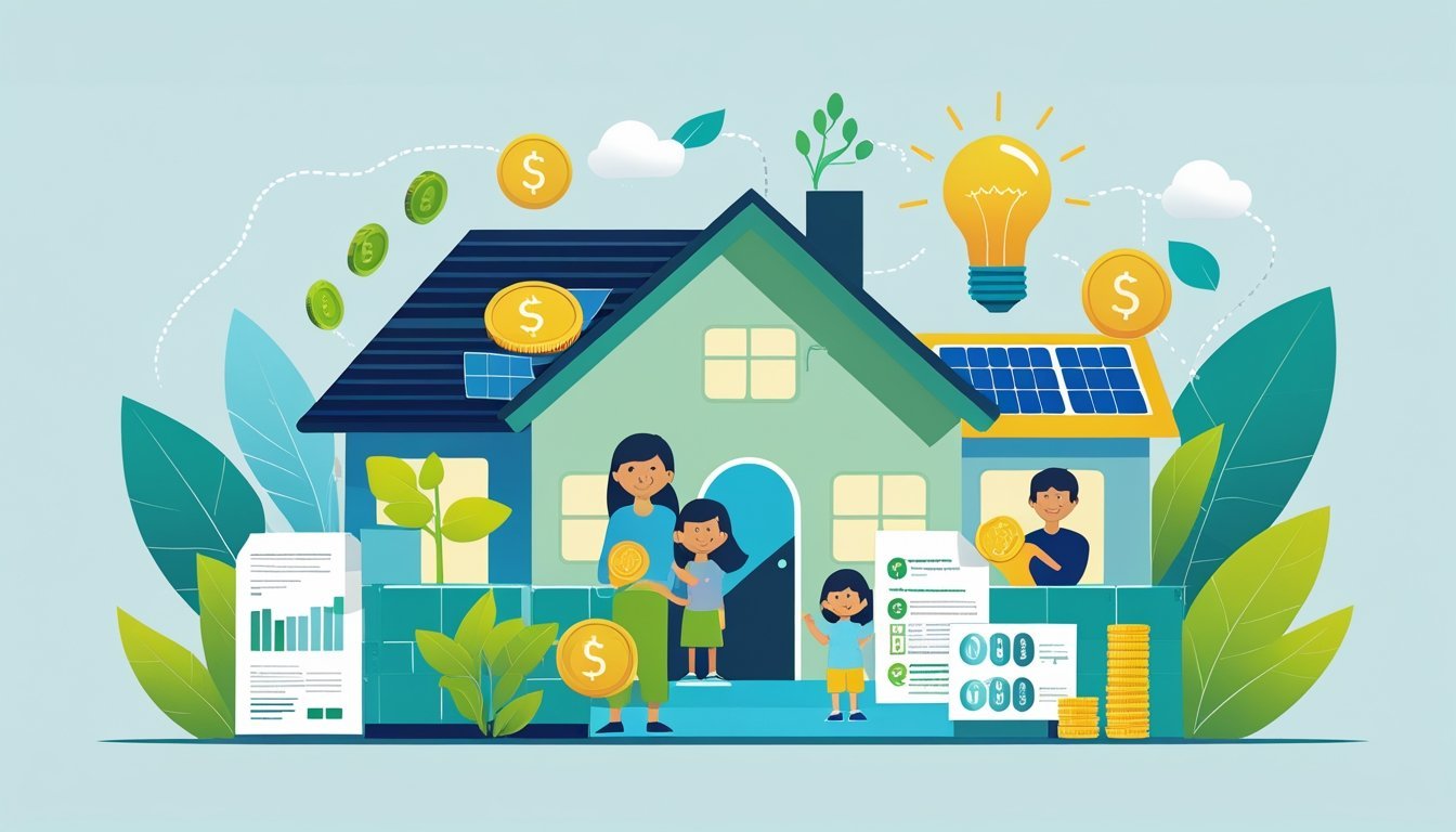 Obitelj s djecom prima financijsku pomoć uz simbole energije i poreza.