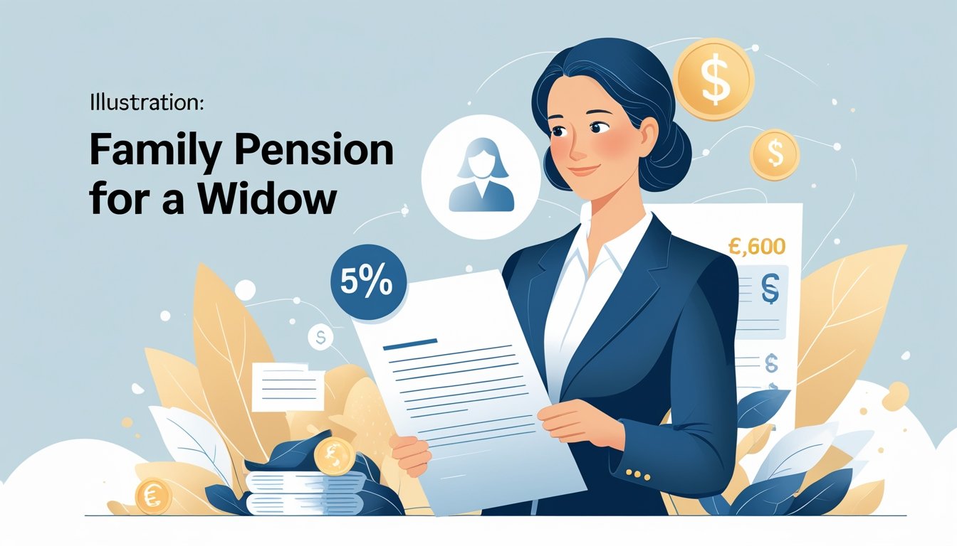 Žena srednjih godina drži dokument, okružena simbolima obiteljske potpore i financijske sigurnosti.