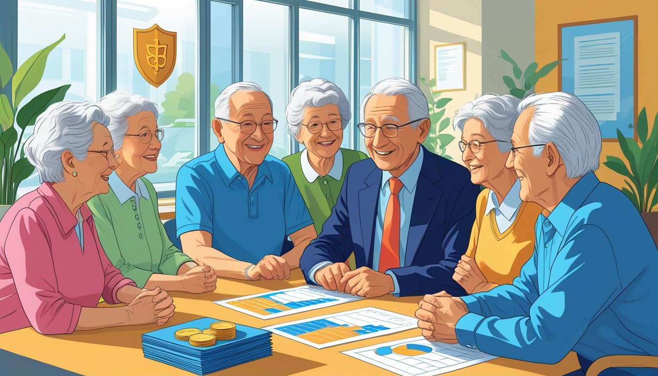 Skupina starijih osoba razgovara s državnim službenikom u uredu o novom zakonu za umirovljenike.